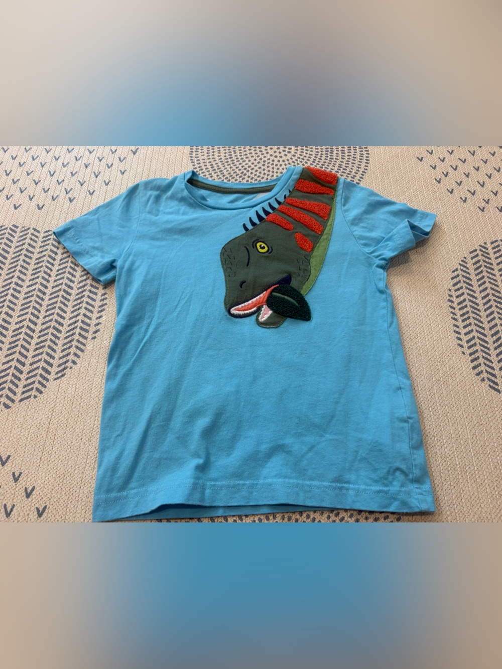 Mini Boden Bright Blue Short Sleeve Tee with Dinosaur Appliqué 4-5